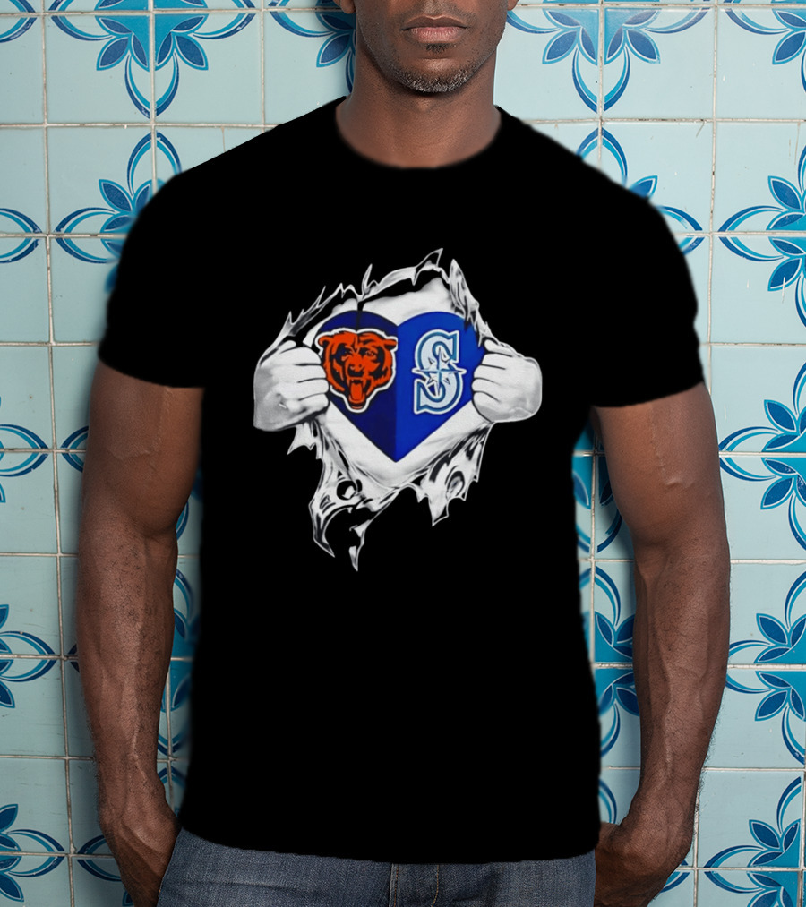 Chicago Bears Seattle Mariners Heart Ripping Through Chest Sports Fan T-Shirt