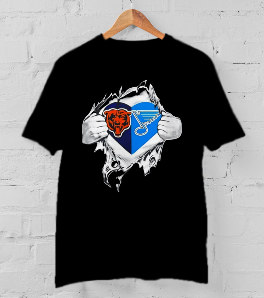 Chicago Bears St Louis Blues Heart Ripping Open Chest Fans Passion Fusion T-Shirt