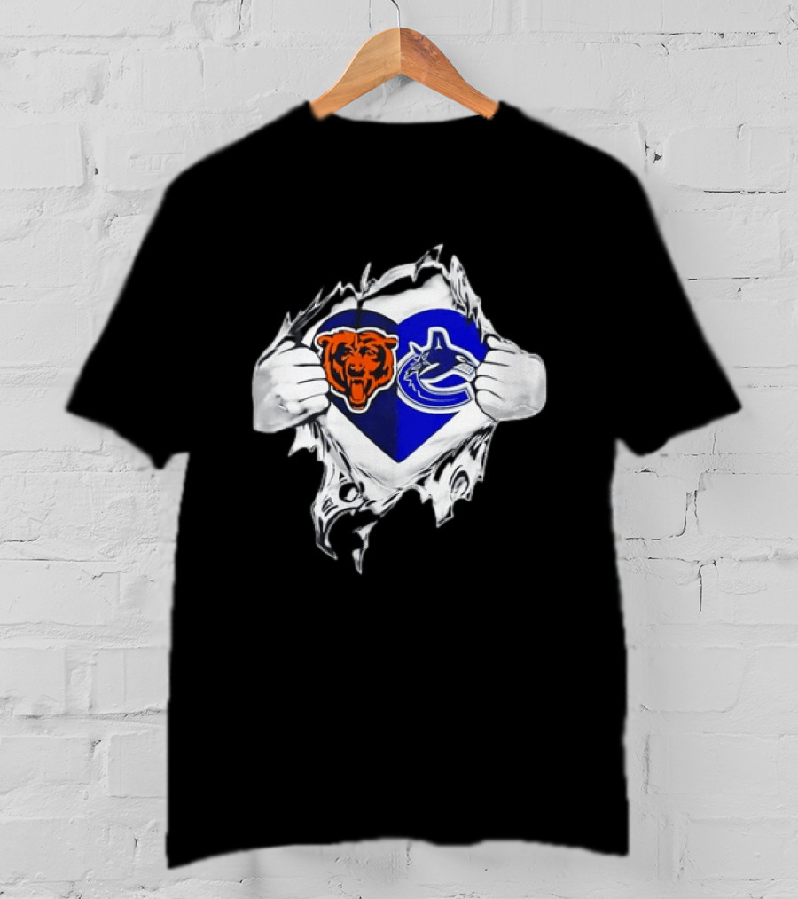 Chicago Bears Vancouver Canucks Heart Ripped Open Chest Sports Fans T-Shirt