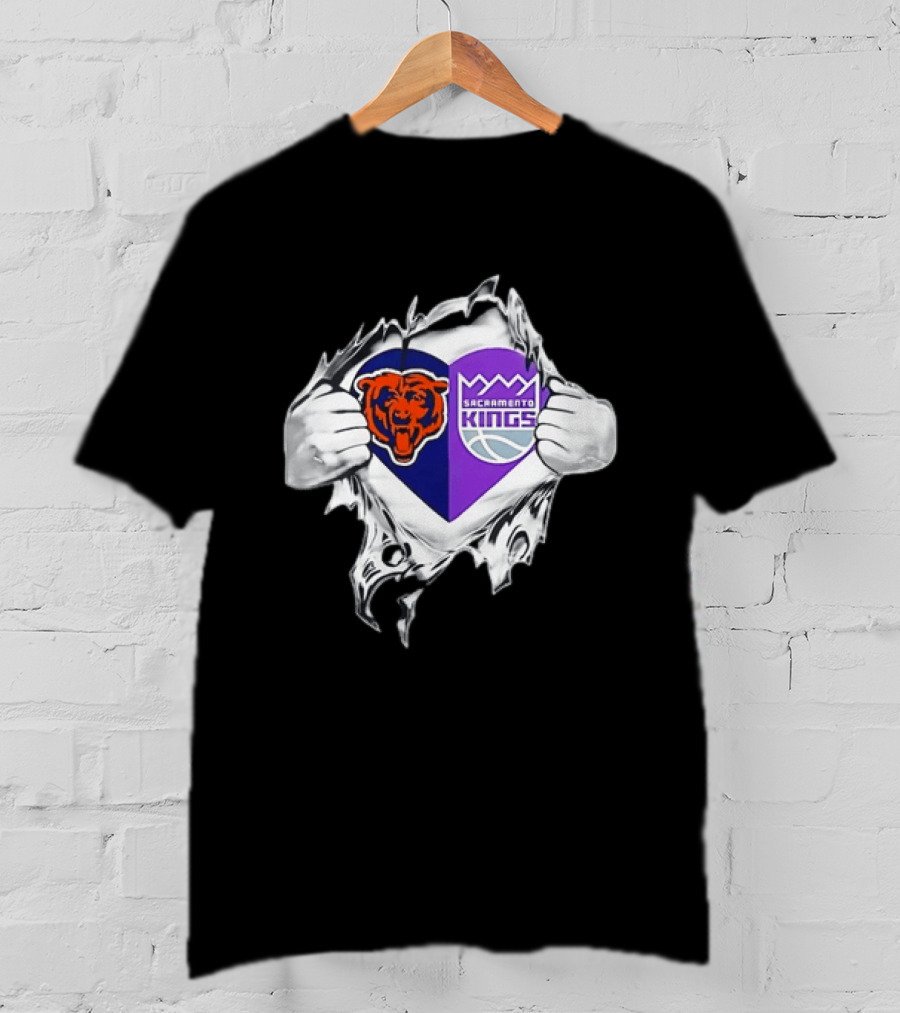Heart Rip Chicago Bears Sacramento Kings Fan Logo Combo T-Shirt