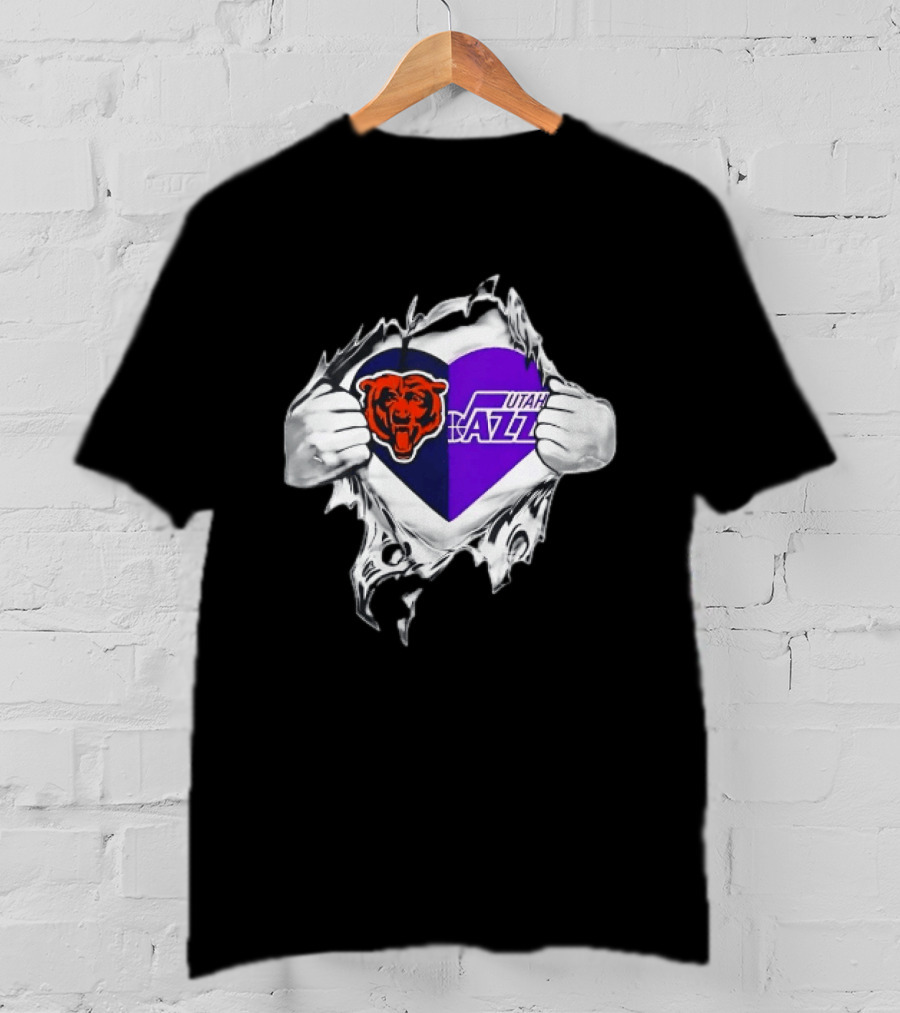 Heart Split Chicago Bears Utah Jazz Team Logos T-Shirt