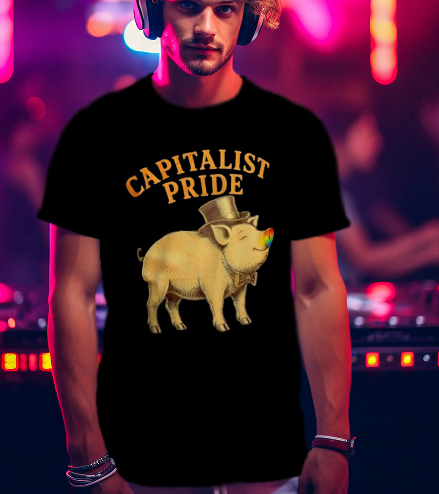 Capitalist Pride Pig With Rainbow Nose And Top Hat Bow Tie T-Shirt