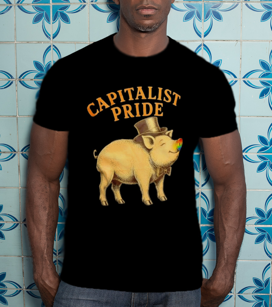 Capitalist Pride Pig With Rainbow Nose And Top Hat Bow Tie T-Shirt
