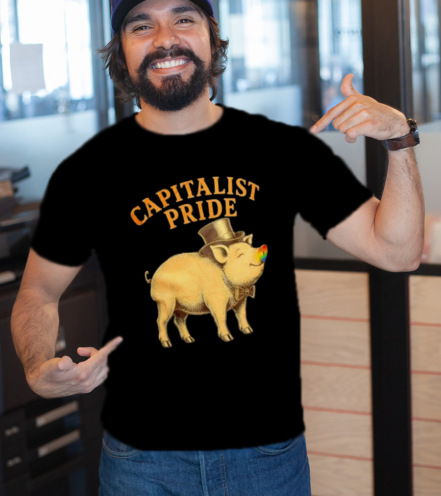 Capitalist Pride Pig With Rainbow Nose And Top Hat Bow Tie T-Shirt