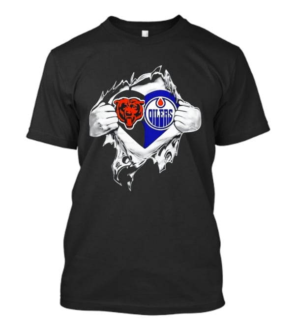 Chicago Bears And Edmonton Oilers Logo Heart Tear T-Shirt