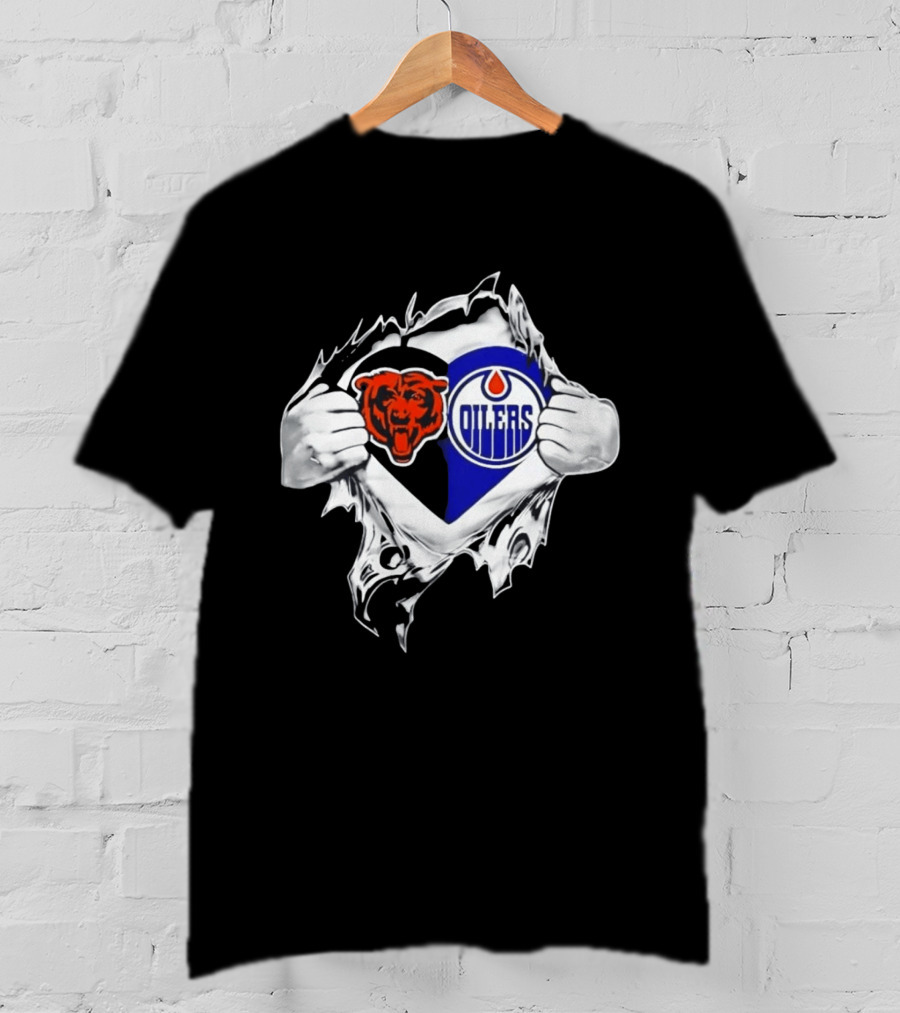 Chicago Bears And Edmonton Oilers Logo Heart Tear T-Shirt