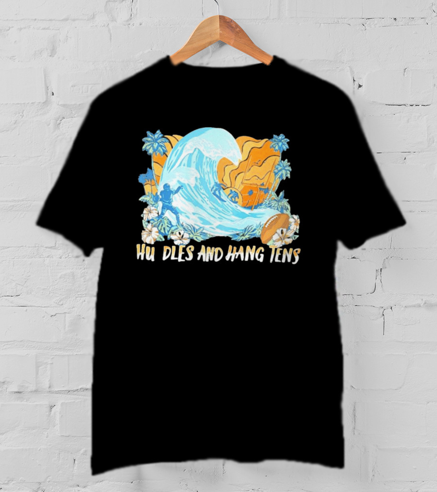 Los Angeles Chargers Tommy Bahama Huddle And Hang Tens Tropical Wave Football Scene T-Shirt