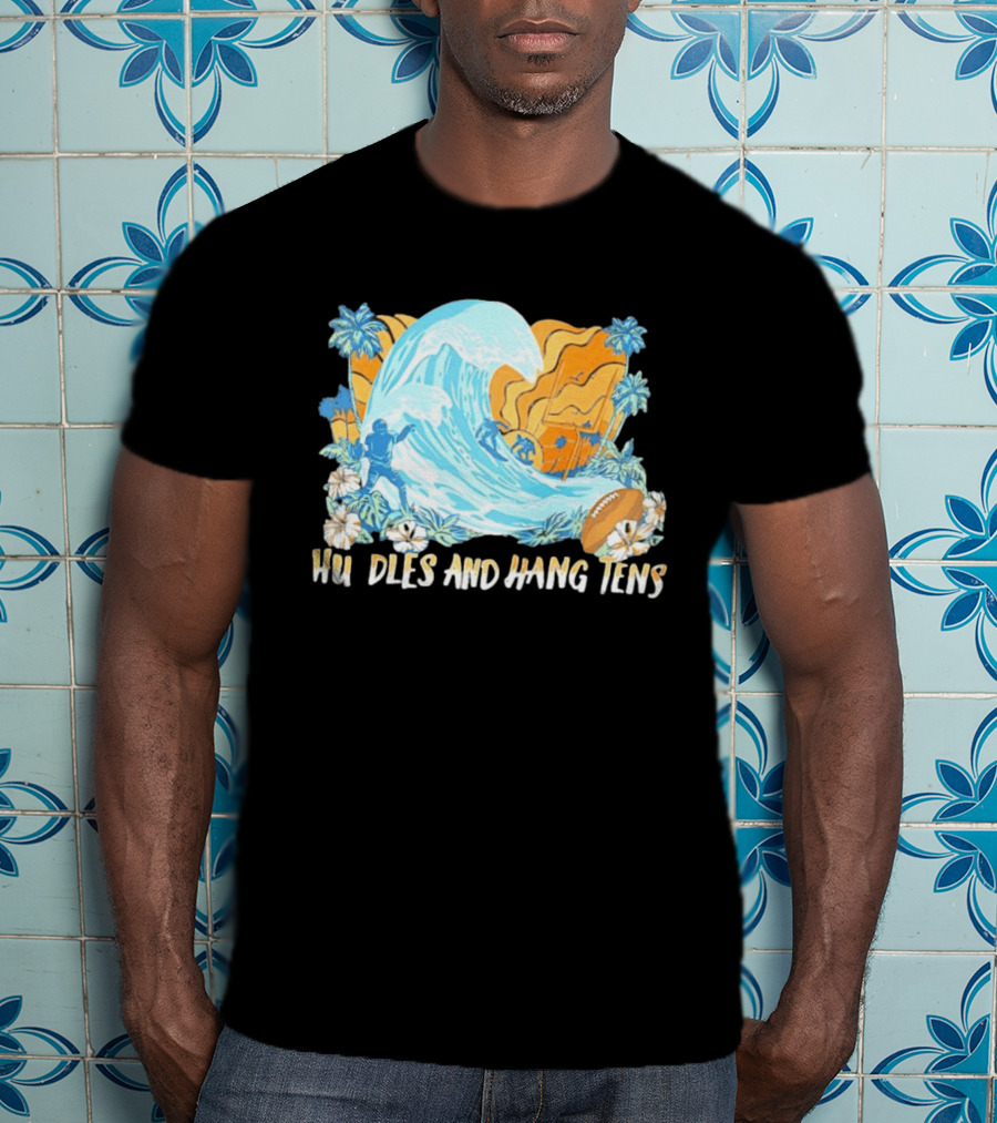 Los Angeles Chargers Tommy Bahama Huddle And Hang Tens Tropical Wave Football Scene T-Shirt