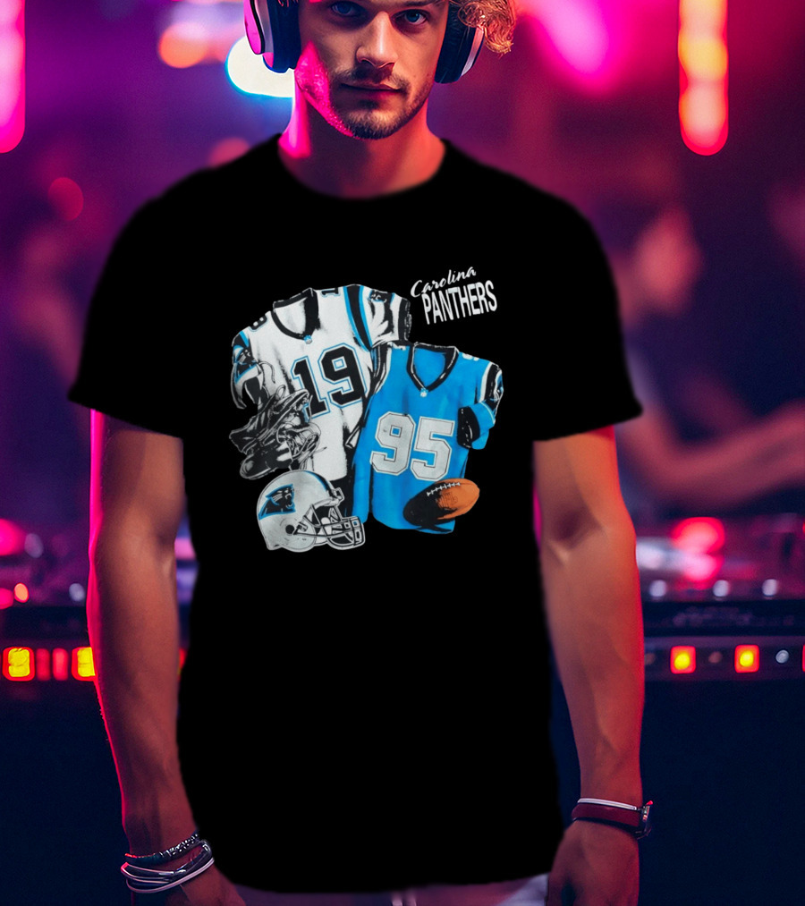 Carolina Panthers 19 95 Jerseys And Helmet With Football T-Shirt