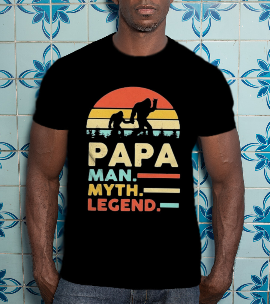 Papa Man Myth Legend Bigfoot Retro Sunset T-Shirt