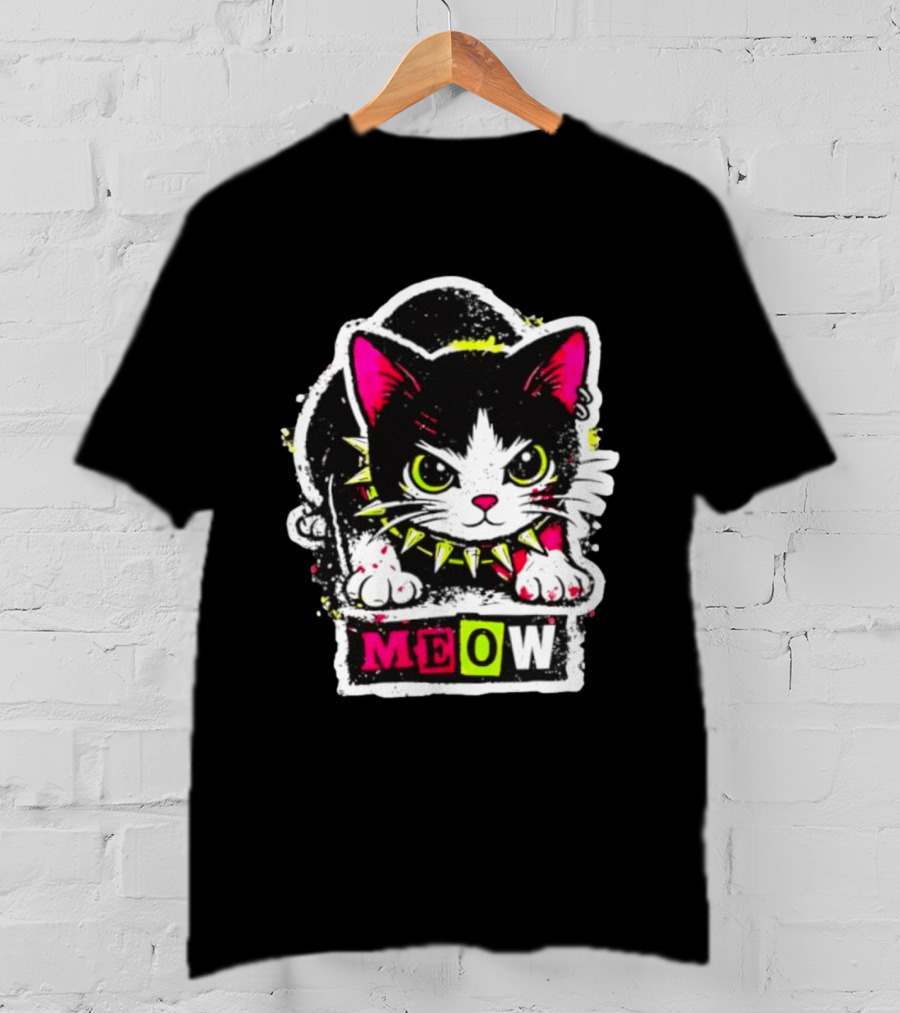 Punk Rock Cat Studded Collar Meow For Music Fans And Cat Lovers T-Shirt