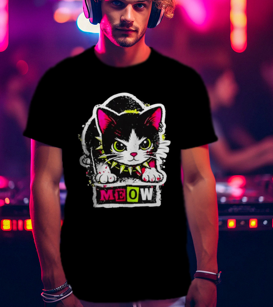 Punk Rock Cat Studded Collar Meow For Music Fans And Cat Lovers T-Shirt
