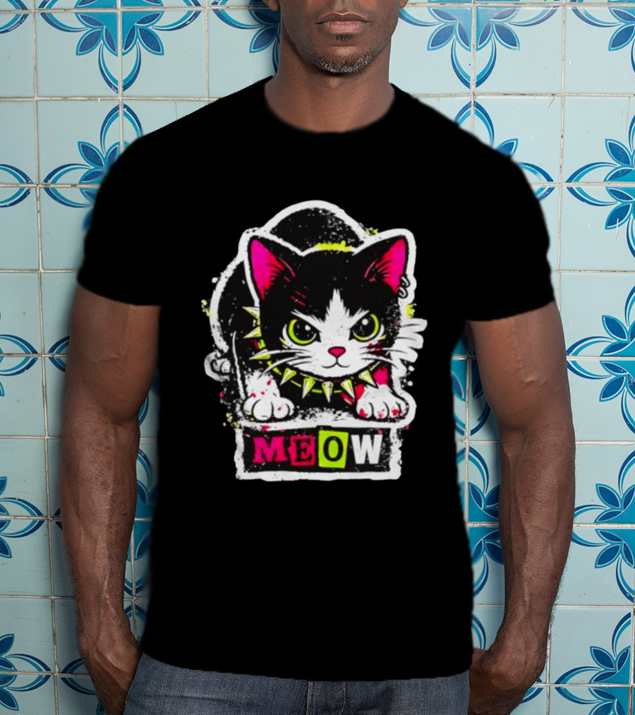 Punk Rock Cat Studded Collar Meow For Music Fans And Cat Lovers T-Shirt
