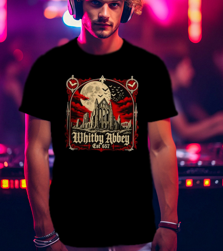 Whitby Abbey Gothic North Yorkshire England Est 657 Moon Bats T-Shirt