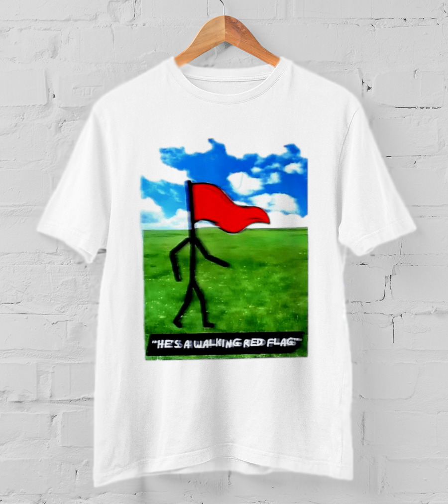 Stick Figure With Red Flag Walking In Field With Blue Sky T-Shirt