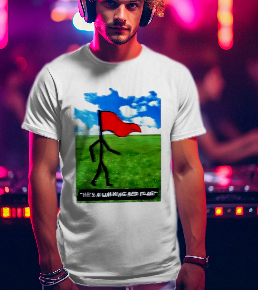 Stick Figure With Red Flag Walking In Field With Blue Sky T-Shirt