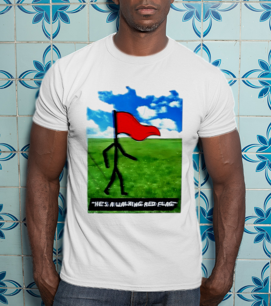 Stick Figure With Red Flag Walking In Field With Blue Sky T-Shirt