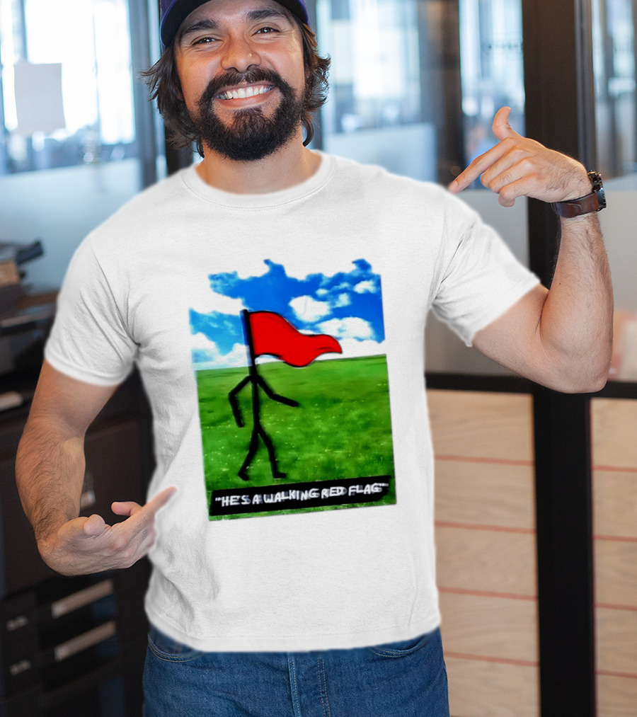 Stick Figure With Red Flag Walking In Field With Blue Sky T-Shirt