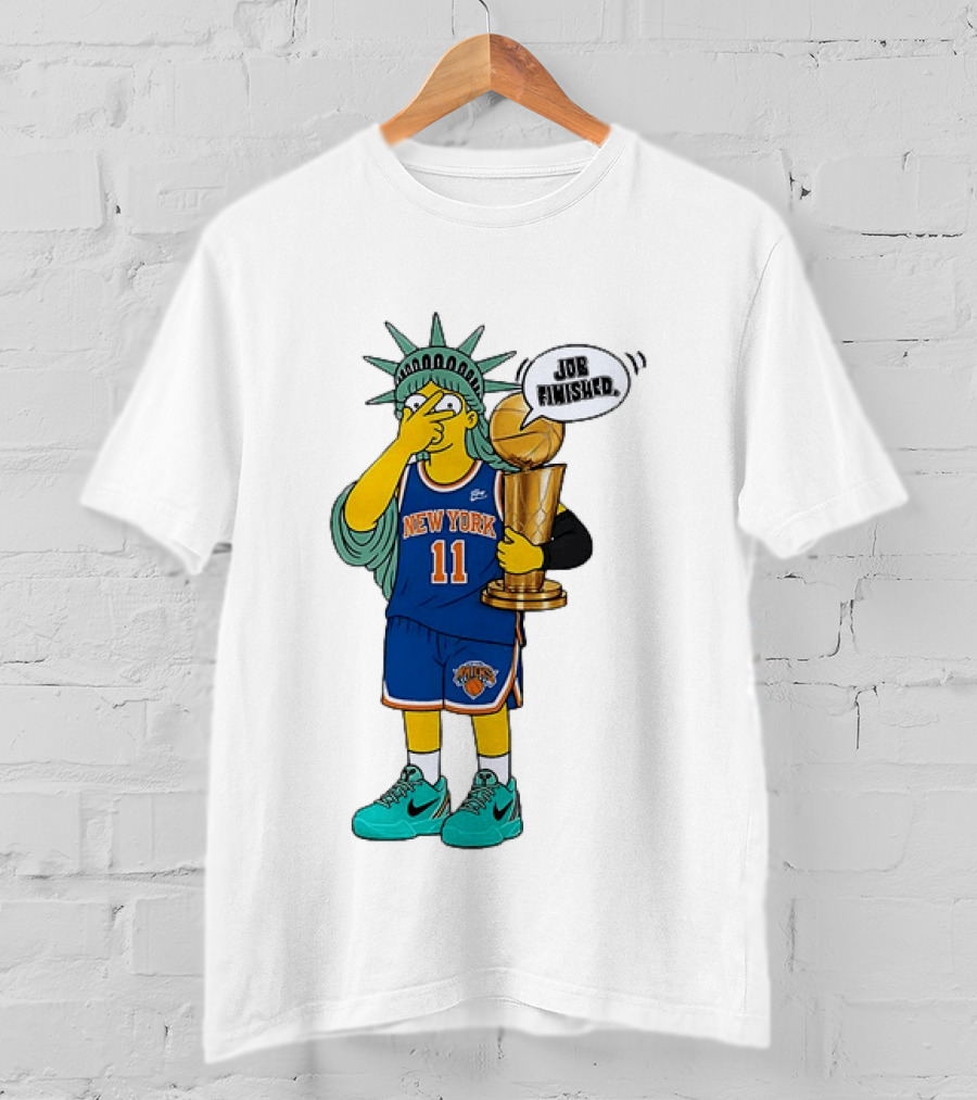 Statue Of Liberty Simpsons Jalen Brunson Hug Trophy New York Knicks Job Finished 2026 NBA Championship T-Shirt