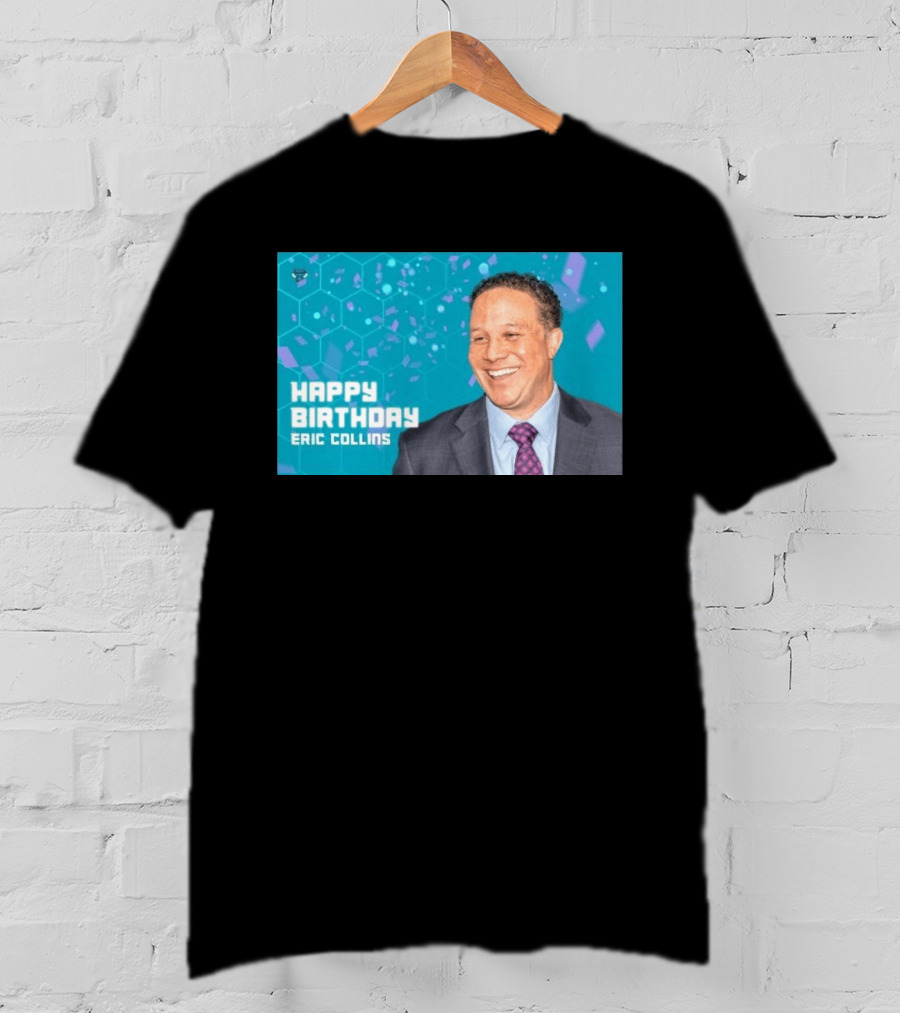 Happy 57th Birthday Eric Collins Celebration With Smiling Man And Turquoise Hexagonal T-Shirt