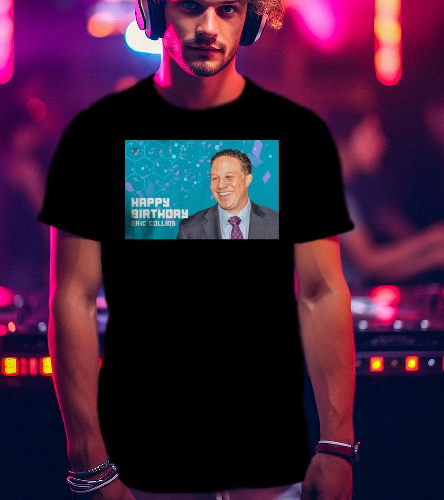 Happy 57th Birthday Eric Collins Celebration With Smiling Man And Turquoise Hexagonal T-Shirt