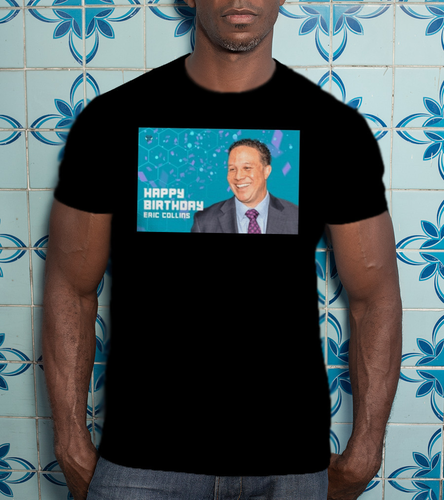 Happy 57th Birthday Eric Collins Celebration With Smiling Man And Turquoise Hexagonal T-Shirt