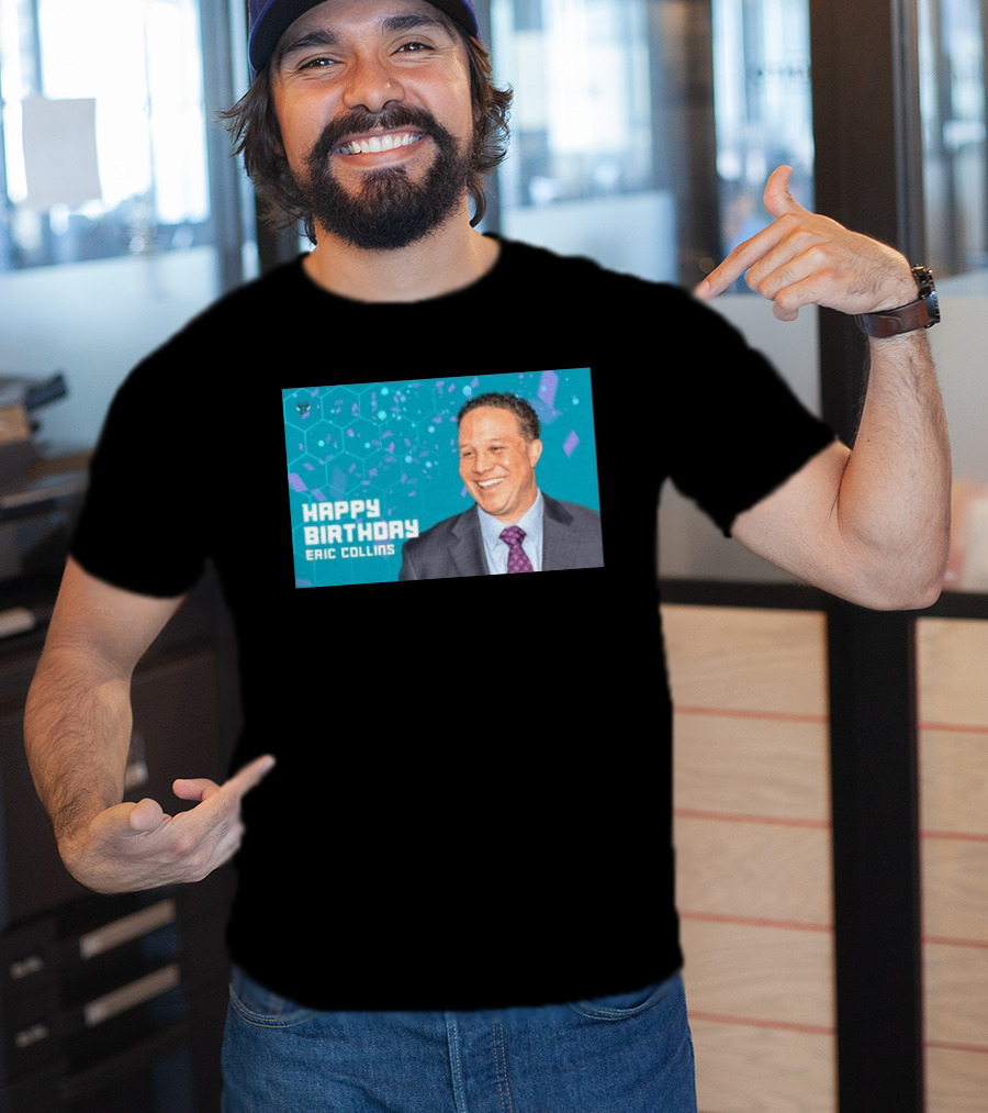 Happy 57th Birthday Eric Collins Celebration With Smiling Man And Turquoise Hexagonal T-Shirt