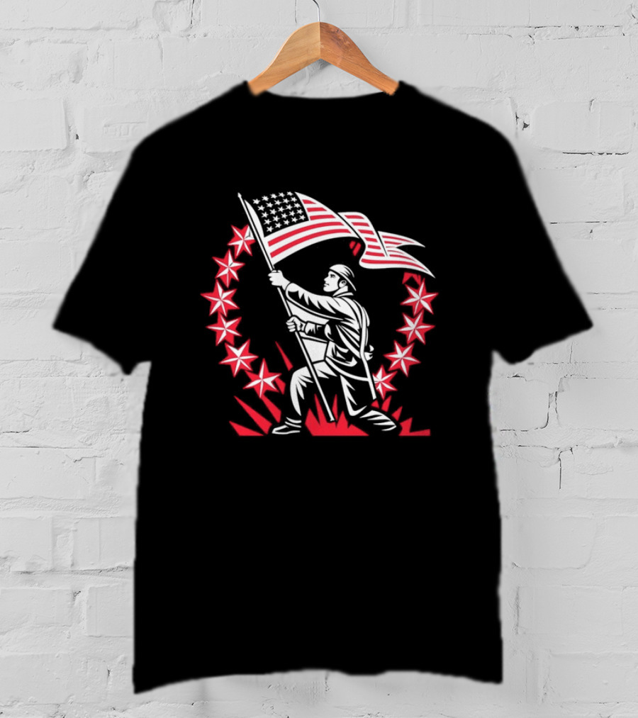 American Soldier Raising Flag USA Pride Patriotic Stars T-Shirt