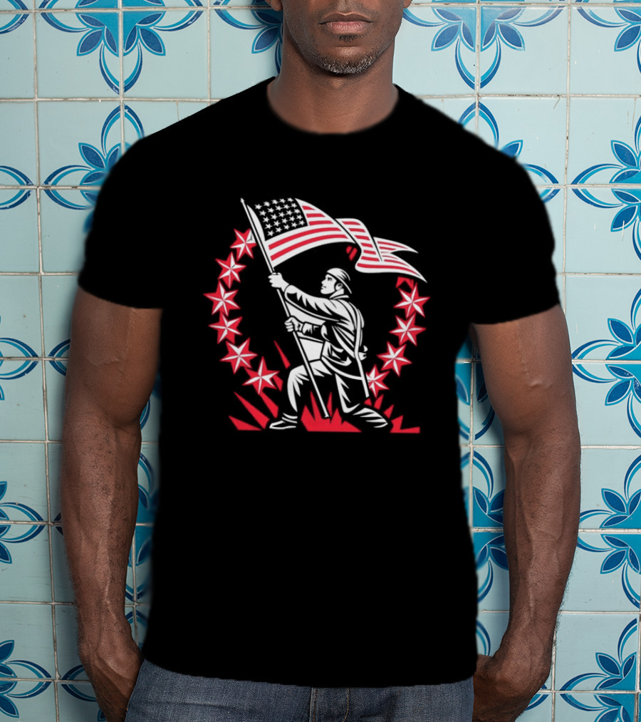 American Soldier Raising Flag USA Pride Patriotic Stars T-Shirt