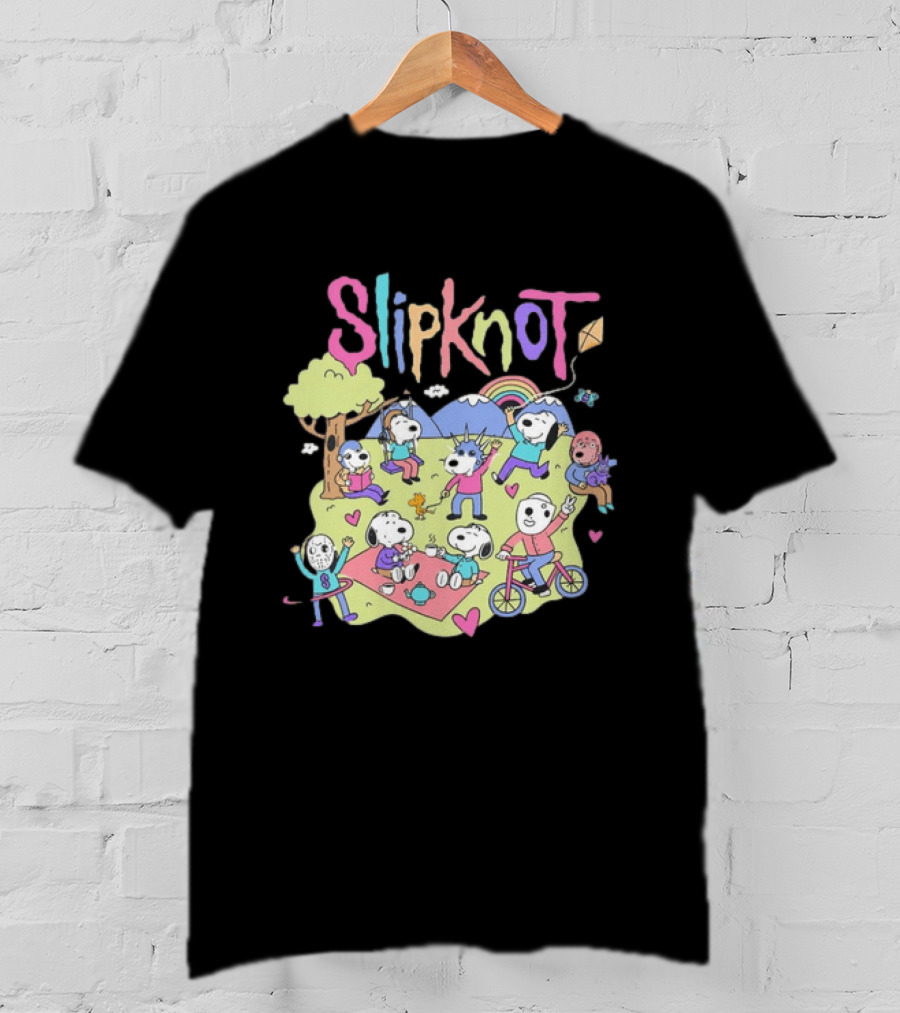 Snoopy Peanuts Characters Playing In Park With Slipknot T-Shirt