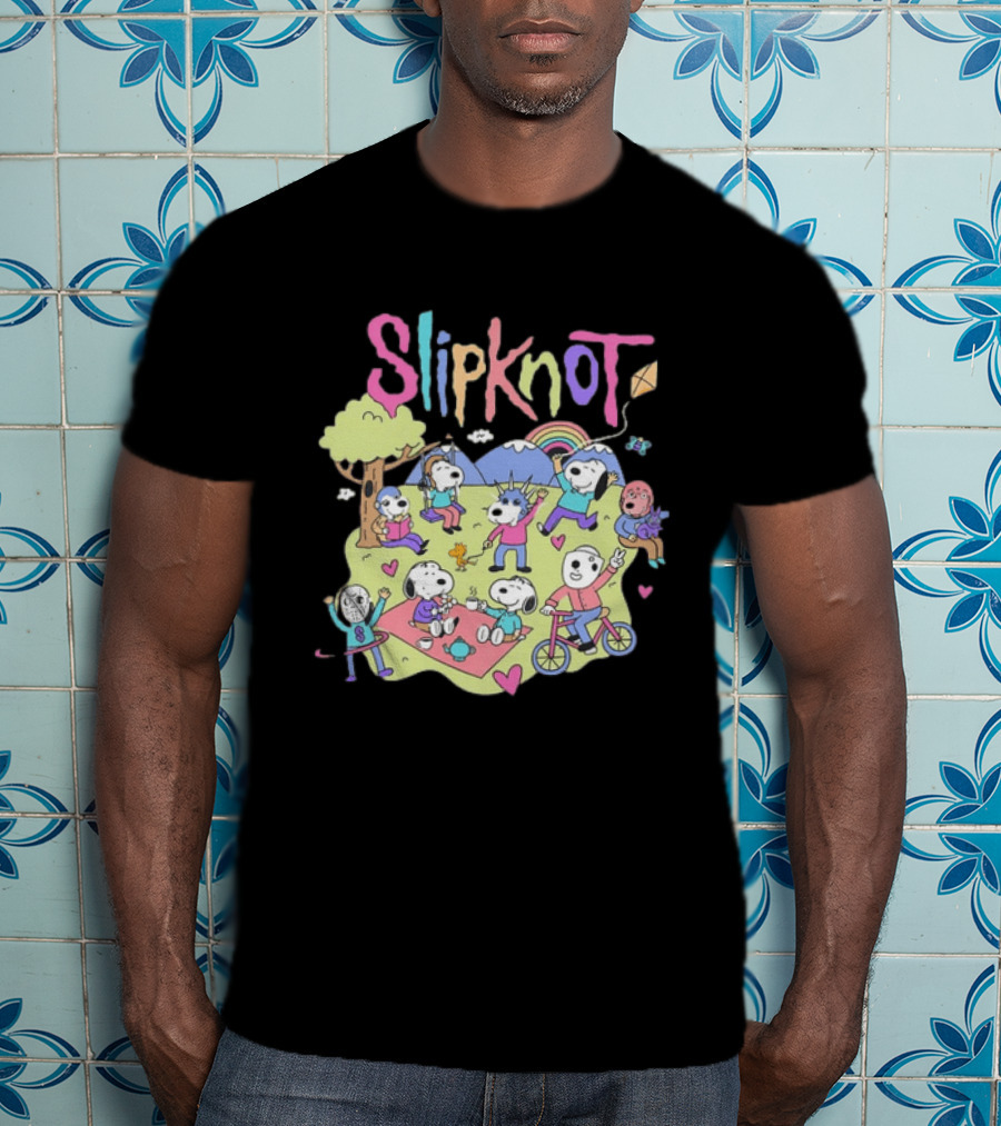 Snoopy Peanuts Characters Playing In Park With Slipknot T-Shirt