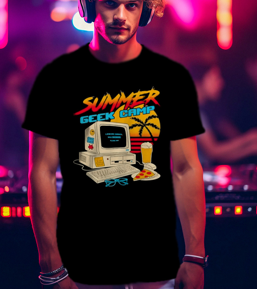 Summer Geek Camp Retro Computer Pizza And Palm Vibes T-Shirt