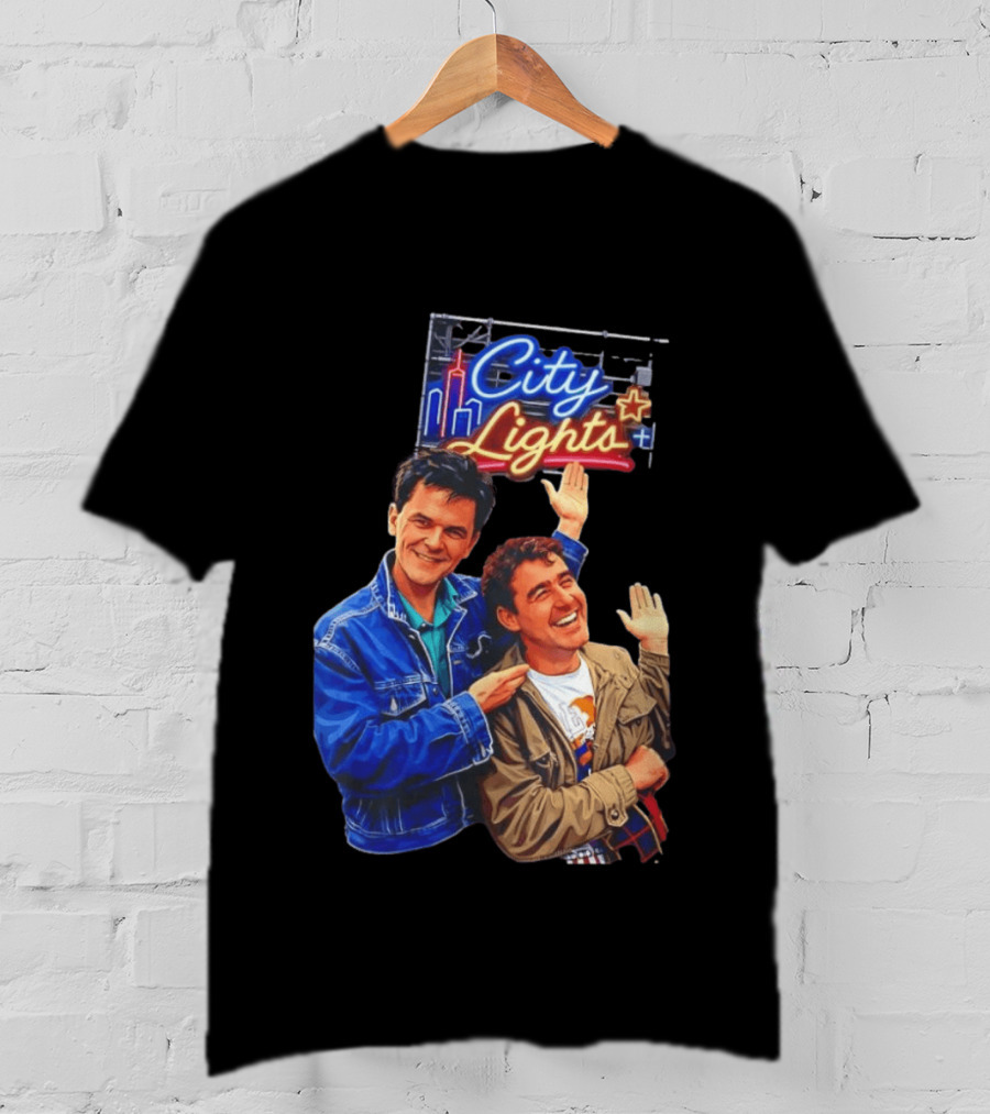 Two Men Smiling And Waving City Lights Neon Sign T-Shirt