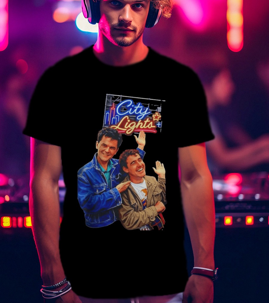 Two Men Smiling And Waving City Lights Neon Sign T-Shirt