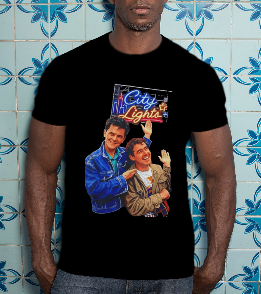Two Men Smiling And Waving City Lights Neon Sign T-Shirt