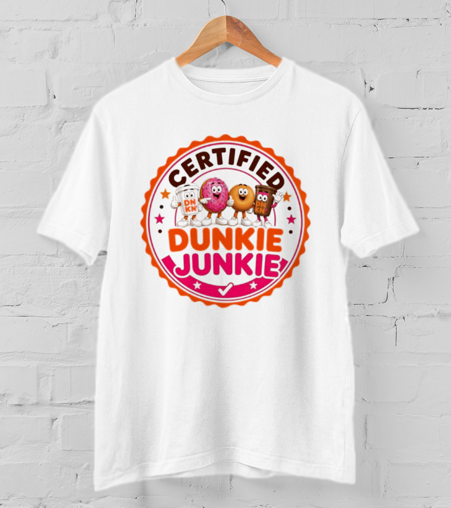 Certified Dunkie Junkie Characters Badge Coffee Donut Fun T-Shirt