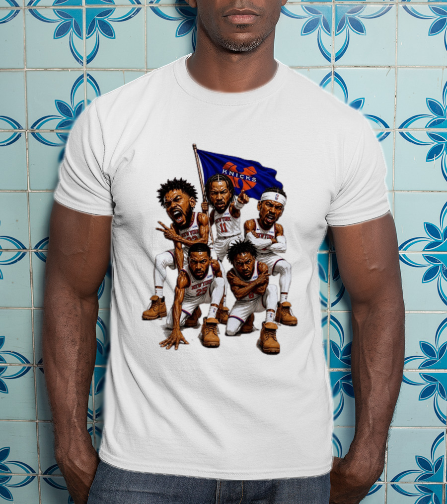 New York Knicks Jalen Brunson NBA Players Holding Team Flag Celebration T-Shirt