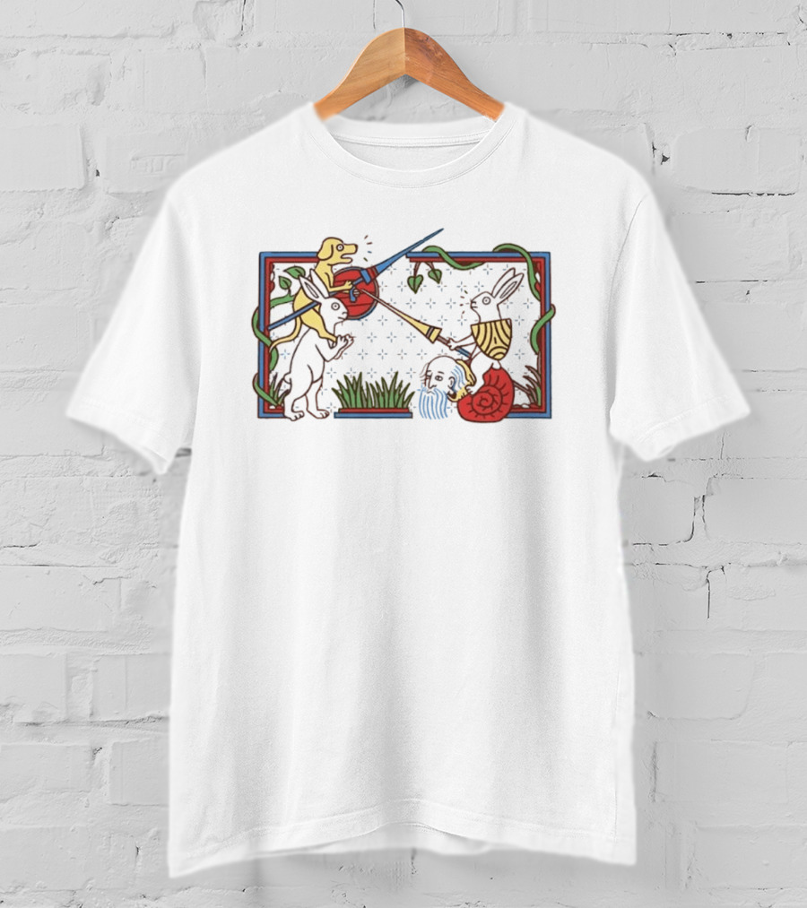 Medieval Dog And Rabbit Jousting Battle Scene With Snail And Sword T-Shirt