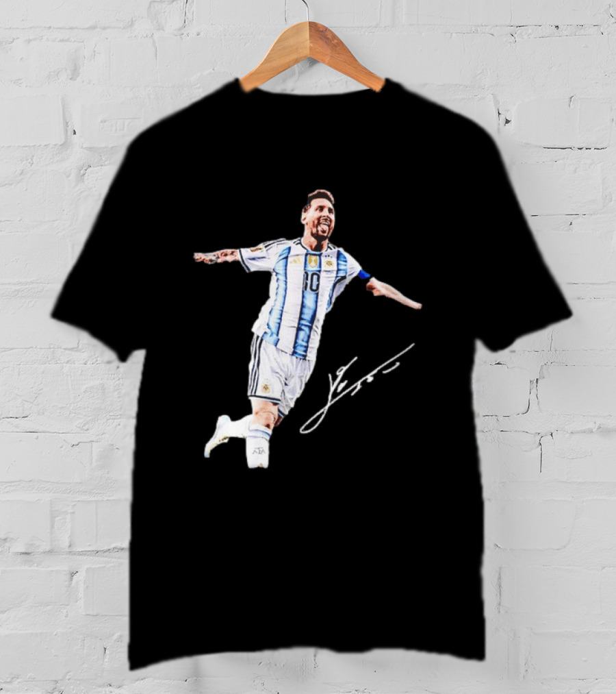 Lionel Messi 10 Argentina Jersey Signature Soccer Legend Celebration T-Shirt