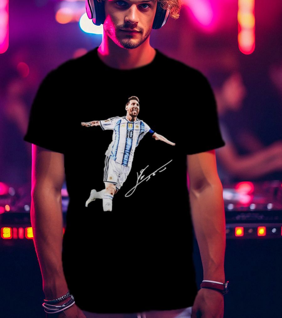 Lionel Messi 10 Argentina Jersey Signature Soccer Legend Celebration T-Shirt