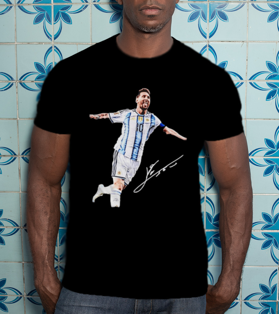 Lionel Messi 10 Argentina Jersey Signature Soccer Legend Celebration T-Shirt
