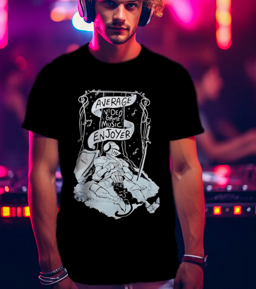 Average Video Game Music Enjoyer Knight Resting Under Stars With Cat T-Shirt