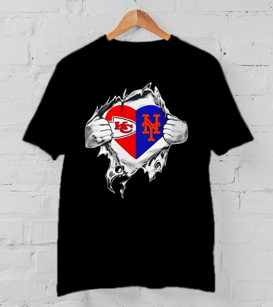 Kansas City Chiefs New York Mets Heart Torn Chest Combo T-Shirt