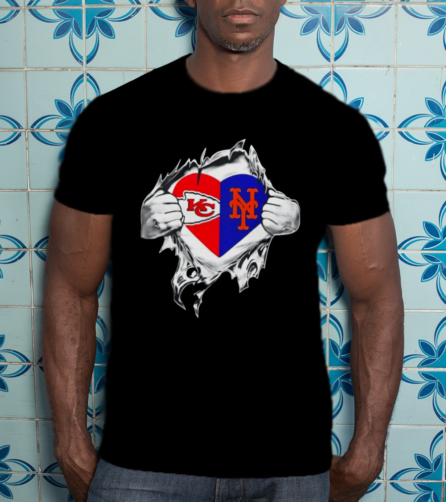 Kansas City Chiefs New York Mets Heart Torn Chest Combo T-Shirt
