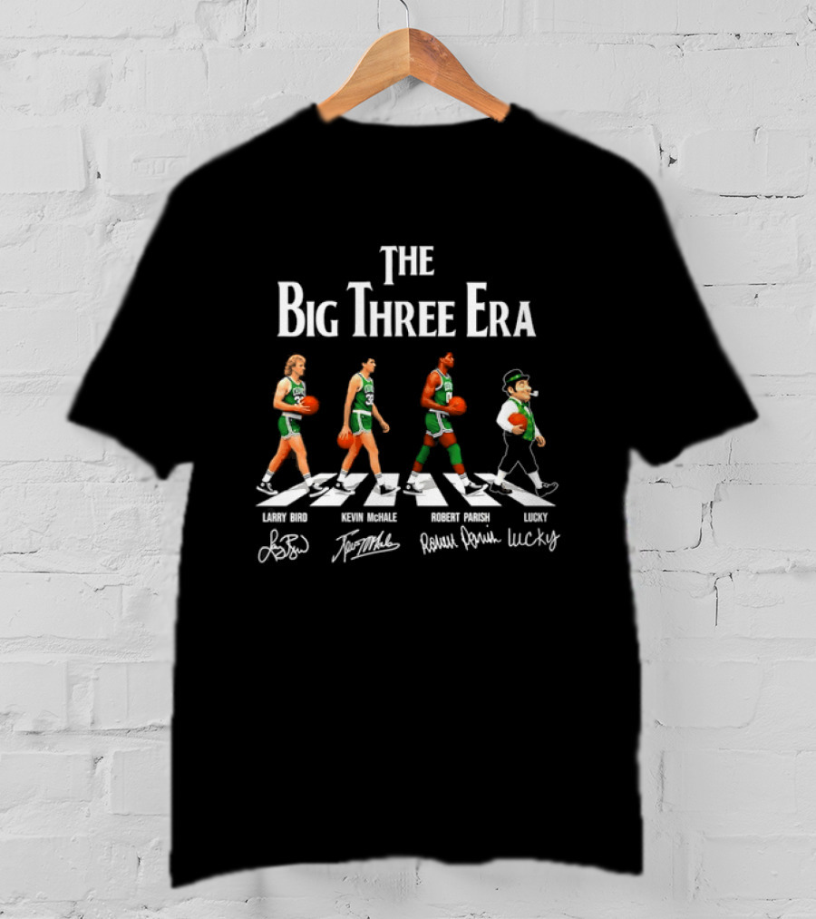 The Big Three Era Larry Bird Kevin McHale Robert Parish Lucky Walking Signatures T-Shirt