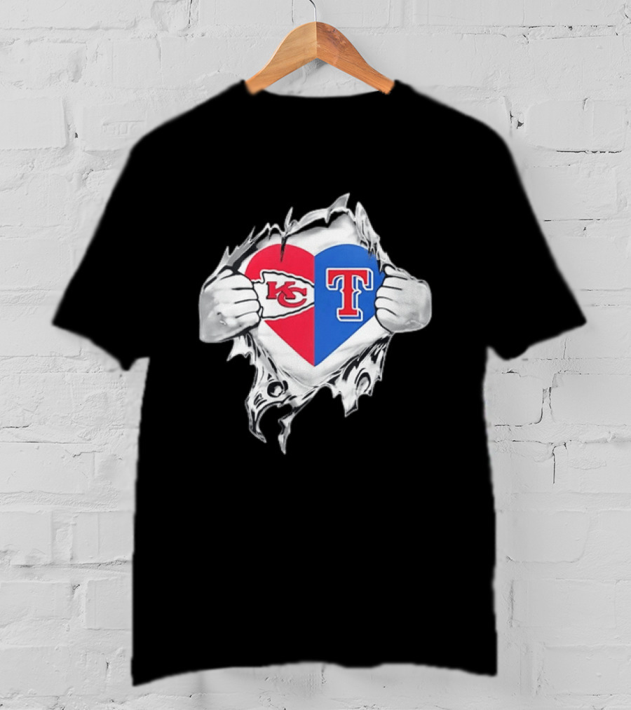 Kansas City Chiefs Texas Rangers Heart Rip Open T-Shirt