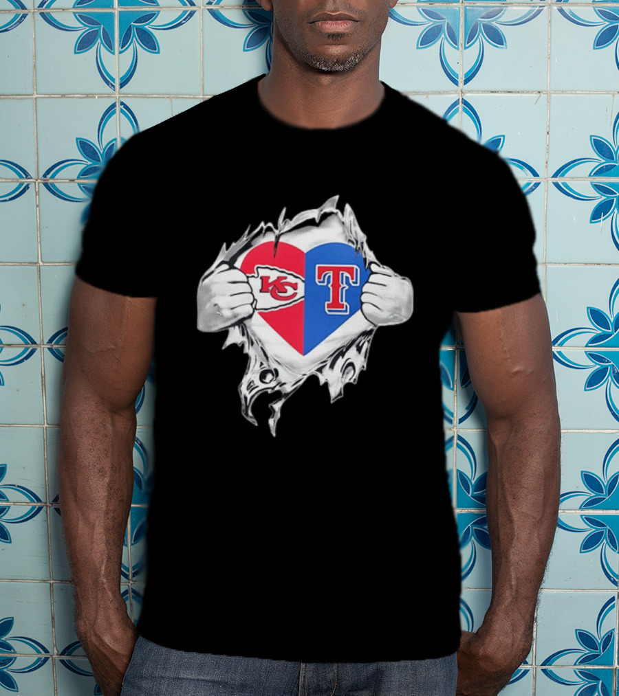 Kansas City Chiefs Texas Rangers Heart Rip Open T-Shirt