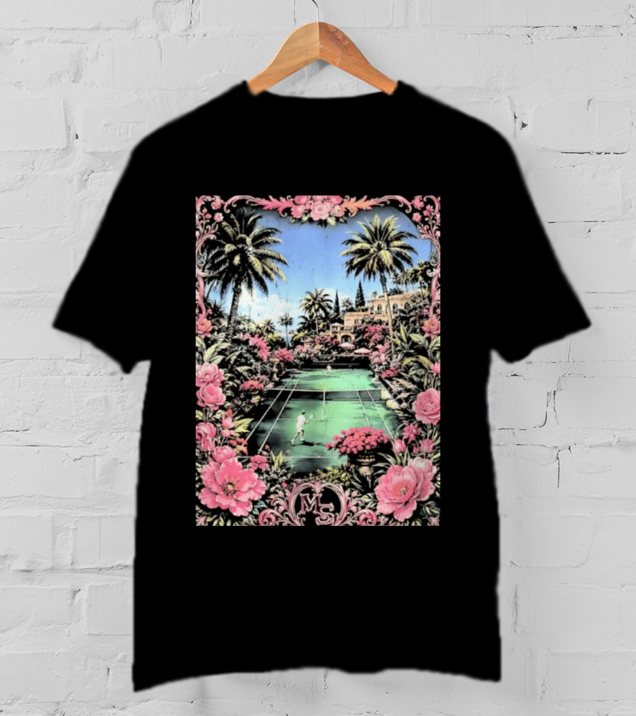 Tennis Players On Mansion Court MS Initials With Pink Floral Frame T-Shirt