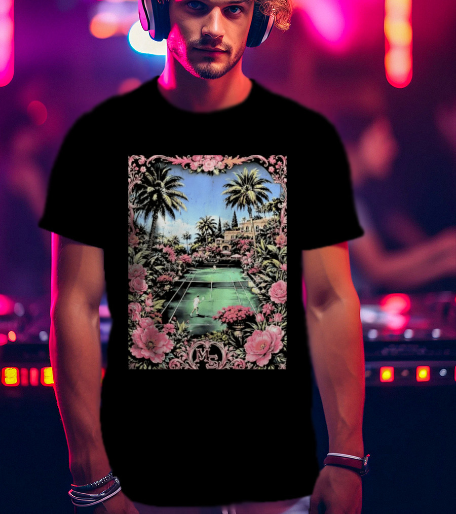 Tennis Players On Mansion Court MS Initials With Pink Floral Frame T-Shirt