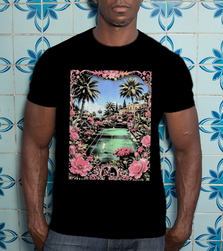 Tennis Players On Mansion Court MS Initials With Pink Floral Frame T-Shirt